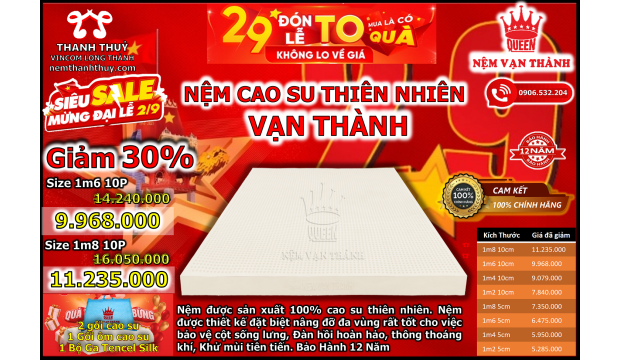 Giảm Ngay 30% Nệm Cao Su Vạn Thành