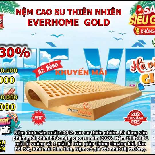 Nệm Cao Su Thiên Nhiên 100% Everhome Gold