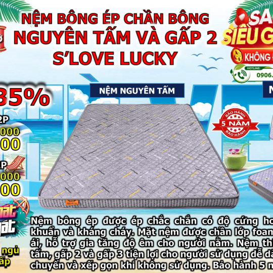 Nệm bông ép chần bông nguyên tấm và gấp 2 S'LOVE LUCKY